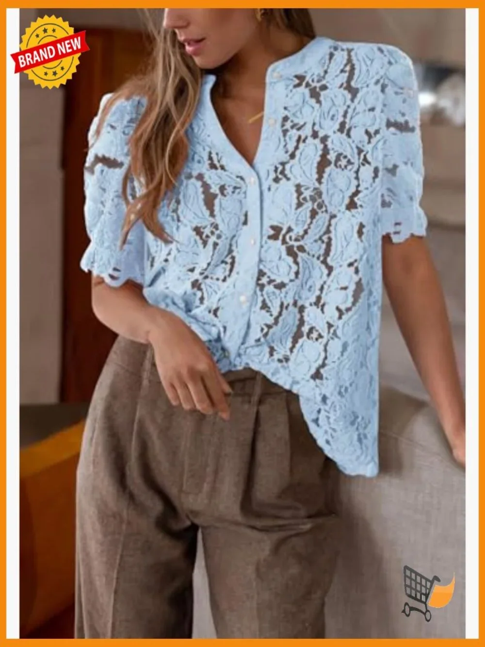 Spring Lace Blouse Short Puff Sleeve Crew Neck Button Down Casual Dressy Top - Picture 4 of 7